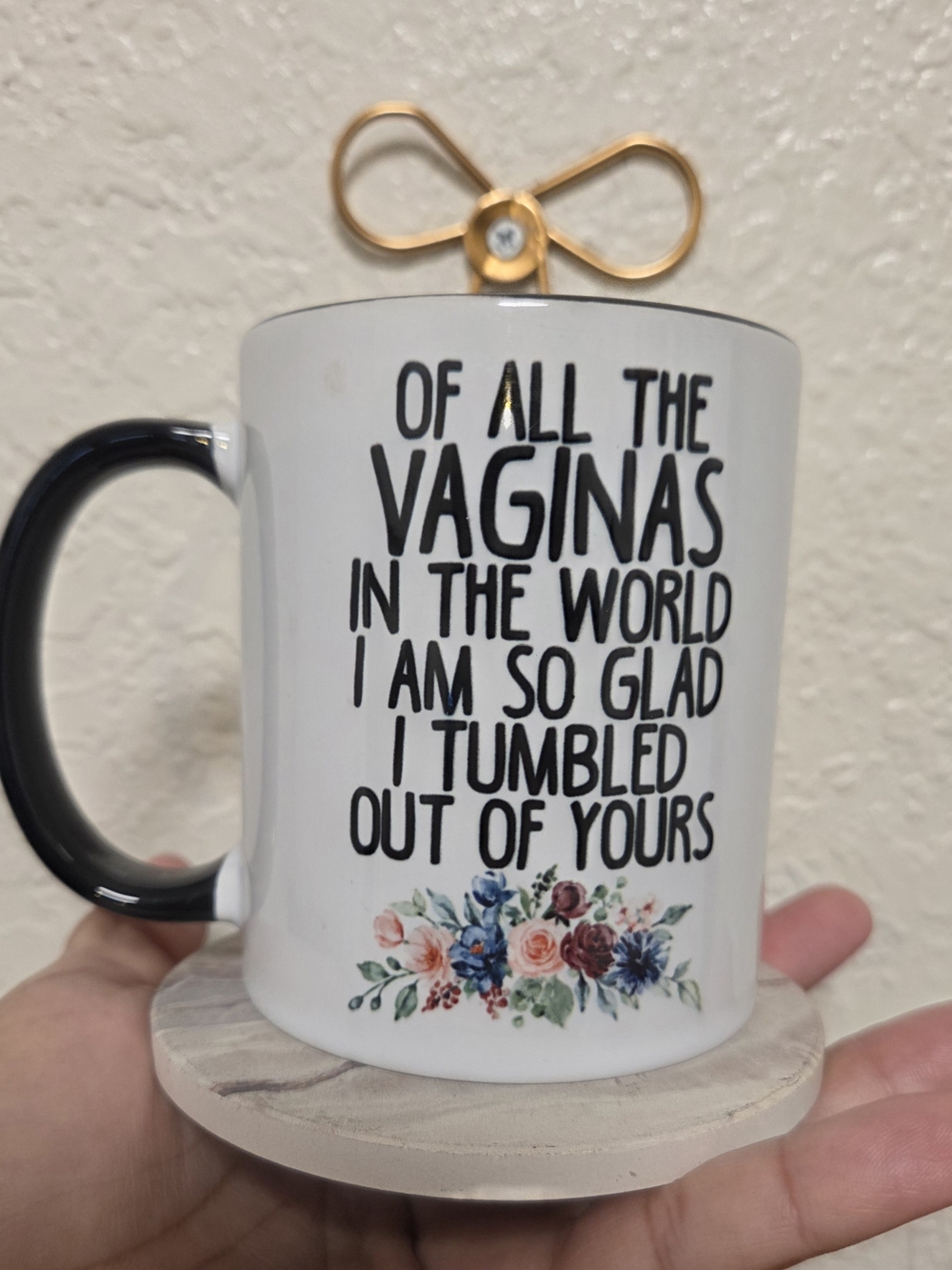 Novelty White Ceramic Mug with Black Handle - Floral Accent